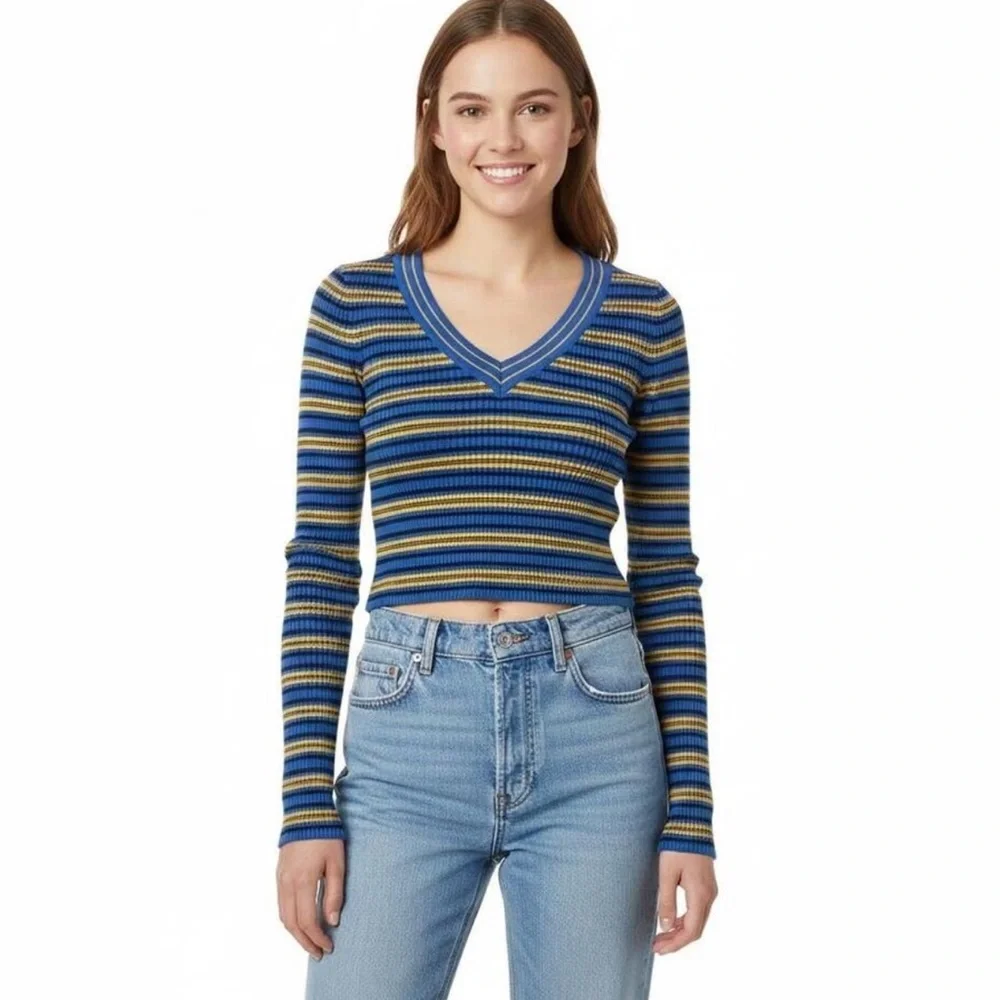 BDG Blue and Yellow Addison V Neck Ribbed Knit stretch shirt size Medium Y2K